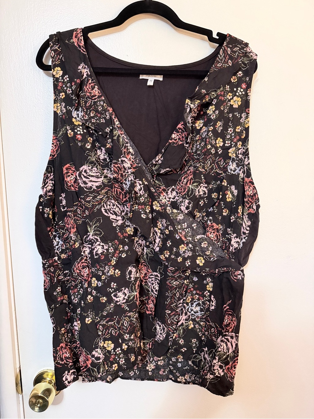 Maurices Black Floral Wrap-Style Camisole with Pink & Cream Accents
